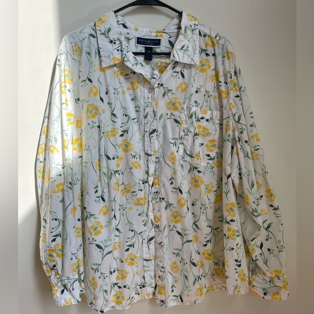 Karen Scott White Shirt with Yellow and Green Floral Design
